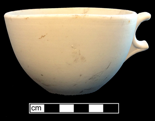 Cup. Unglazed bisque waster. Rim diameter: 4.0”; Vessel height: 3.5”; 8.4 mm thick.