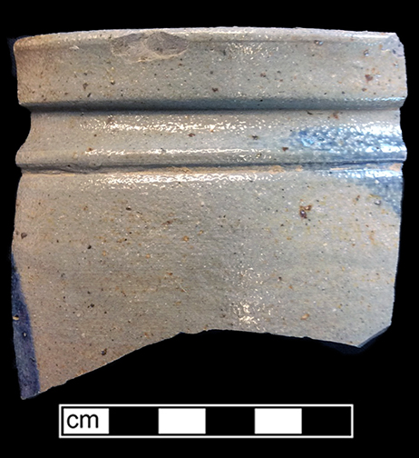 Grey-bodied salt glaze stoneware jar with indeterminate cobalt motif. Rim diameter: 5.50”, Vessel #: 30. 18BC56