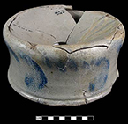 Grey-bodied salt glaze stoneware spittoon with cobalt scroll or leaf motif, from 18BC27.  