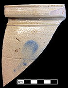 Grey-bodied salt glaze stoneware jar with indeterminate cobalt motif. Rim diameter: 6.00, Vessel #: 24. 18BC56