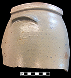 Grey-bodied salt glaze stoneware jar with lug handle. Rim diameter:9.00”, Vessel #:28. 18BC56
