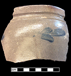 Grey-bodied salt glaze stoneware jar with leaf cobalt motif. Rim diameter: 7.50”, Vessel #: 40. 18BC56
