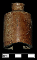 Buff bodied salt glaze stoneware bottle with iron wash. Possible ink bottle. Rim diameter: 0.56”, Vessel V-25 from 18MO609.