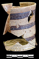 Grey bodied North Carolina Piedmont salt glazed stoneware tankard with iron oxides bands.