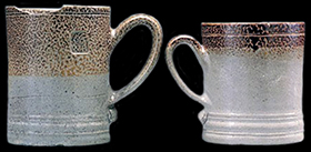 Salt-glazed stoneware mugs produced by William Rogers, Yorktown, Virginia, 1720–1745, Vessel heights: 3 1/2" (left) and 3 1/8“ (right).  