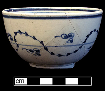 Blue painted saucer and common shape cup in a chinoiserie floral style typical of china glaze and early pearlware. Saucer rim diameter: 5.50”. Lot: 190-99. Cup rim diameter: 3.60”; Cup height: 2.50”. Lot: 190-7. 18BC66