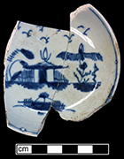 Blue painted saucer in a chinoiserie style typical of china glaze and early pearlware. Rim diameter: 3.50”. Lot: 191-48. 18BC66.