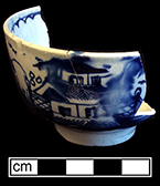 Blue painted pearlware common shape cup in a chinoiserie style typical of china glaze and early pearlware. Rim diameter: 3.25”; Vessel height 2.00”. Lot 191-40. 18BC66.