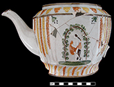 Underglaze molded and painted motifs on teapot.  One side has male figure in toga under an arbor with label beneath reading �Apollo The God of Music.  The opposite side showed a female figure under an arbor with the label beneath reading Passion Subdued by Reason�.    5� height - Owned by the Federal Reserve Bank of Richmond, Baltimore.