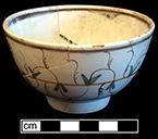 Pearlware painted underglaze  common shape cup. 3.5” rim diameter, 2.25” vessel height. Lot 190-106. 18BC66.