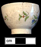 Pearlware polychrome painted underglaze  common shape cup. Rim diameter: 1.50”, Vessel height: 1.25”. Lot: 185-14. 18BC66