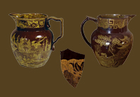 Small images of yellow printed brown ware examples.