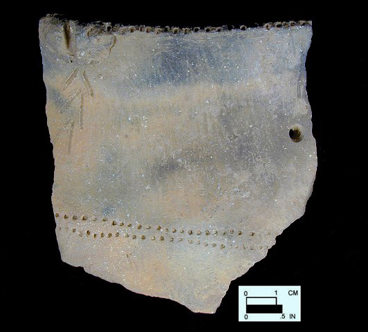 Keyser rim sherd with node and incised decorations from Hughes site 18MO1, Feature 7.