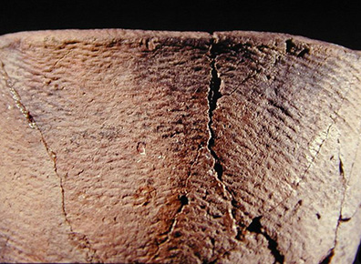 Close-up  of a Keyser cord-marked vessel from the Keyser Farm site, 44PA1 - SI Cat.# 382986-Courtesy of the Smithsonian Institution, Museum of Natural History, Department of Anthropology.