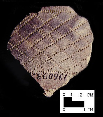 Potomac Creek rim sherd decorated with cord impressions, from the Chickamuxon Creek, Charles County, MD - SI Cat. #196093B, Courtesy of the Smithsonian Institution, Museum of Natural History, Department of Anthropology.