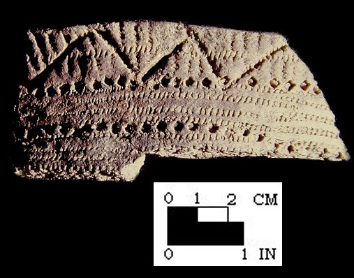 Potomac Creek rim sherd decorated with punctation 
and incised chevrons, from the Potomac Creek site 44ST2 - SI Cat. #385180, Courtesy of the Smithsonian Institution, Museum of Natural History, Department of Anthropology.