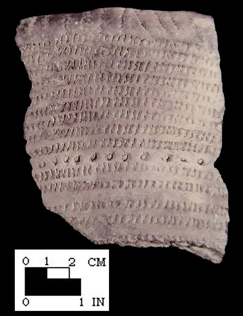 Potomac Creek decorated rim sherd, from the Potomac Creek site 44ST2 - SI Cat. #385233, Courtesy of the Smithsonian Institution, Museum of Natural History, Department of Anthropology.