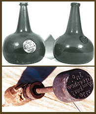 Whole bottles with seals (top) and a Glassmakers tool for applying seals to bottles (bottom), from Packaged In Glass, by Johan Soetens.