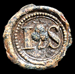 Molded initials I and S, separated by a stemmed flower motif, all enclosed in a beaded circle, from 18CV350.