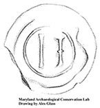 Wine bottle seal with letter N molded inside a circle, 38 mm diameter. Property owned and occupied by Quaker planter Richard Johns in late 17th and early 18th century (as early as 1677 to 1717).illustration shown bieside it, from18CV60.