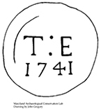 Wine bottle seal molded  with letters TE  an the date 1741.  The T and E are separated by two dots., from 18KE357.