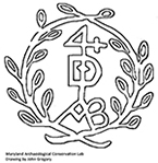 Ligatured AB at the bottom of the seal that is linked to a vertical bar that runs through the letter D in the center of the seal.  The bar is topped with a 4.  Branches or leaves encircle the central motif.  McNulty (2004) refers to conjoined initials as “ligatured”, 39 mm diameter, from 18ST704.