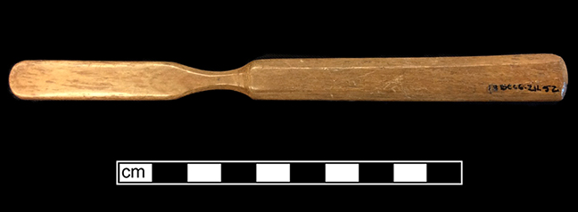 Bone handled toothbrush with gradual/abrupt neck.Trepanned brushes. Handle has hexagonal cross section; rounded base. 18BC66