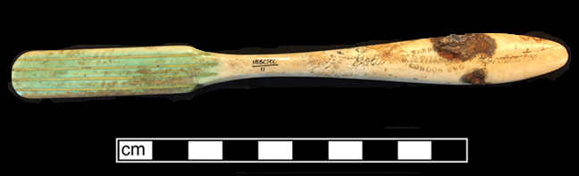 Bone handle with teardrop shape toothbrush with wire drawn attachment and copper alloy staining on back. Stamped on front: “England” near stock and “Hochschild Kohn & Co. Baltimore” and “Drawn Wire/Sterling/Silver Wire” on handle. 18BC92
