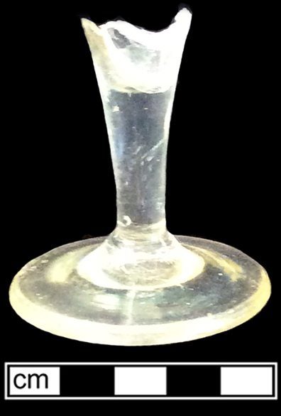 Colorless soda lime stemmed glasses with plain stems. Base diameter: 2.36”. Lot: 14, 1HA.667.3 and 850.4, Privy Stratum 4. 18BC38