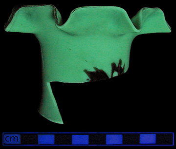 Uranium Glass fragments, possibly a vase similar to one shown on right from a private collection. From 18CV13.