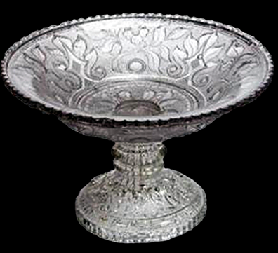 Colorless soda lime glass. Faceted button paneled pressed glass, probable bowl or compote with scalloped rim. 6” diameter, bowl. Similar to George Duncan & Sons #44 “Button Panel” c. 1893-1900. Butter lid (on right) in similar pattern made by George Duncan and Sons and Company, Washington, Pennsylvania (1893-1900) - from private collection. 18CV13