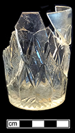 Colorless soda lime glass molded diamond and fan tumbler. Height: 3.75”, Rim diameter: 2.75”, Base diameter: 2.50”. 18BC27