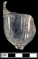 Colorless soda lime stemmed glass with press molded panelled motif. Rim diameter: 2.00”. 18BC27, F38