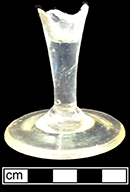 Colorless soda lime stemmed glasses with plain stems. Base diameter: 2.36”. Lot: 14, 1HA.667.3 and 850.4, Privy Stratum 4. 18BC38
