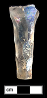 Colorless leaded faceted stemmed glass with hexagonal facet cut stem (c. 1760-1810). Lot: 13, Provenience: 1H.549.13, Privy Stratum 4. Bickerton (1986:20). This vessel falls into Bickerton’s (1986:20) Facet Cut Stem category (1760-1810). 18BC38