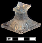 Colorless leaded indeterminate stemmed vessel with square molded dome “lemon squeezer” foot. Base measures 3.25 x 2.25”.Lot: 14, Provenience: 1HA.671.104, Privy Stratum 4. Bickerton (1986:35) state that square feet became popular in the early 19th century and are often seen on rummers, dwarf ales and salts. 18BC38