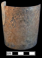 Colorless leaded glass tumbler.  Rim diameter: 3.00”, Base diameter: 2.75”,  Vessel height: 3.25”. Lot: 5, Provenience: 1G.393.2, Privy Stratum 2. 18BC38