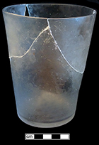 Colorless soda lime glass tumbler or flip. Rim diameter: 4.25”; Base diameter: 3.00”; Vessel height: 5.50”. Lot 185-101. 18BC66.
