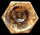 Colorless leaded glass footed hexagonal open salt. 2.5” height, 3” rim diameter (at widest point), 2” base diameter (at widest point). 18BC27-F30