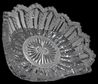 Colorless soda lime glass pressed glass square berry bowl or nappy, possibly in “Mardi Gras” pattern. Square dish, 4”. Ribbed, notched and mold seam apparent. Similar to  Duncan and Sons #42 “Mardi Gras” (1890-1910).