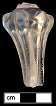 Colorless leaded glass wine glass stem fragment.  6-sided pedestal stem with diamonds on the shoulders.  Also called “Silesian”.  Pedestal stems typical of 1715-1765 period (Bickerton p. 19).  Style introduced c. 1714 with ascension of King George I (Bickerton p. 24).  