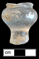 Colorless leaded glass wine glass stem fragment with inverted baluster.  Falls into Heavy Baluster category defined by Bickerton 1986 and dated c. 1685-1710.