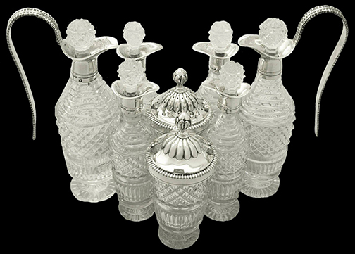 circa 1809 cut glass English cruet set with hobnail design. From a private collection.