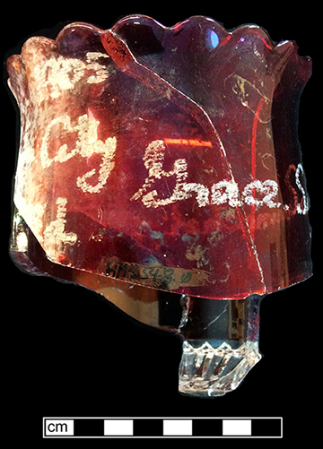 Ruby stained glass spooner “Ocean City, MD 1905 Grace Schumacher”. 3.5” rim diameter, Scalloped rim. 18AP14