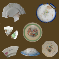 Images of various vessels with decal decorated designs.