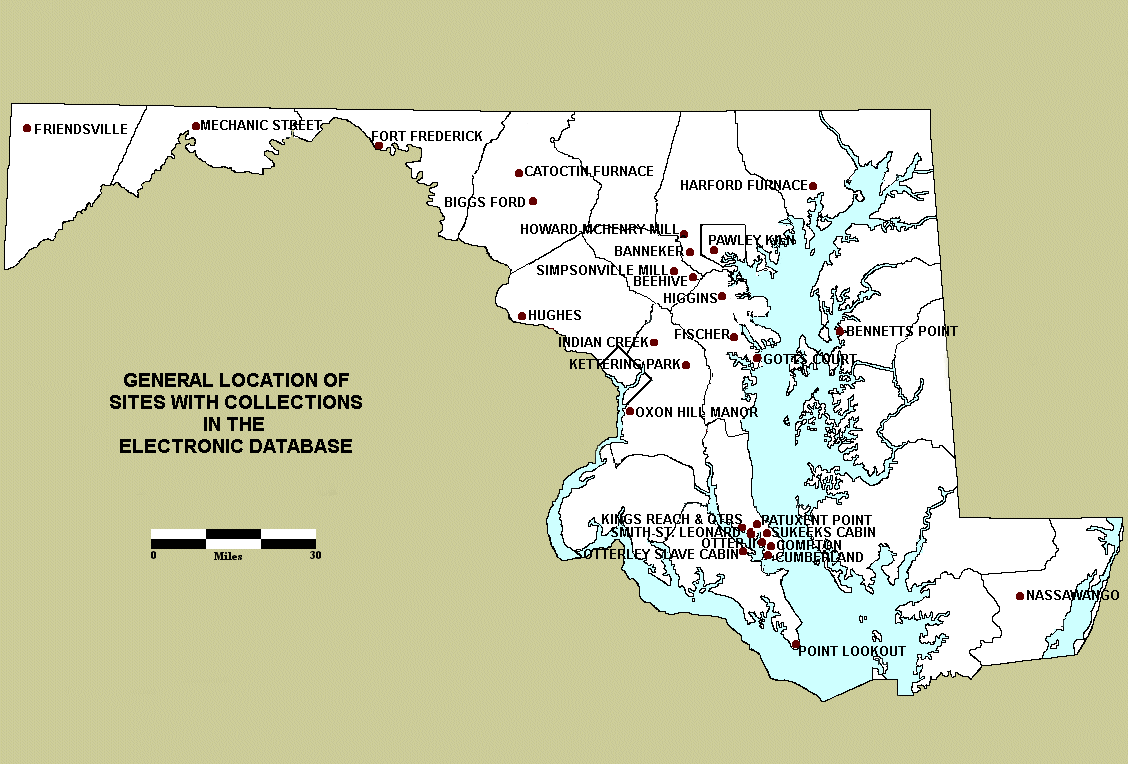 Large map of Maryland showing site names and locations, click on site names to go to that finding aid.