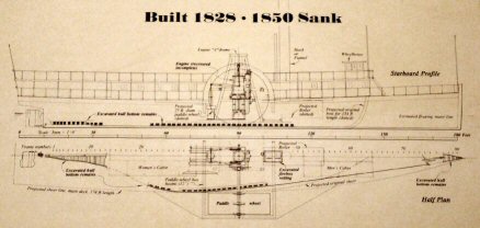 Drawn blueprint schematics of paddle wheel steam ship.