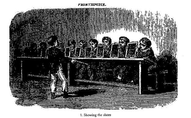 19th-century schoolboy standing in front of nine fellow students sitting at a long desk with writing slates.