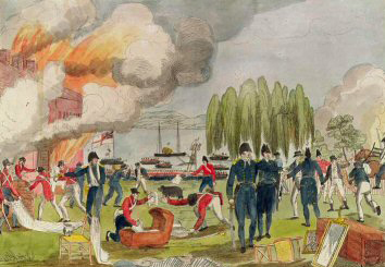 Figure 2 Watercolor illustration depicting the burning of Havre de Grace, showing soldiers in red and blue uniforms with burning buildings and smoke in the background