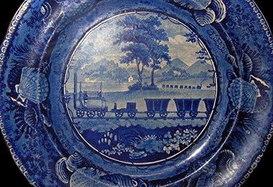 Complete blue plate showing railroad design.